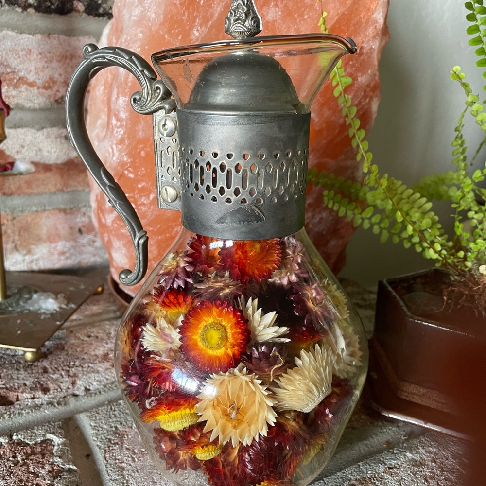 Antique Flower Silver Pitcher Decor